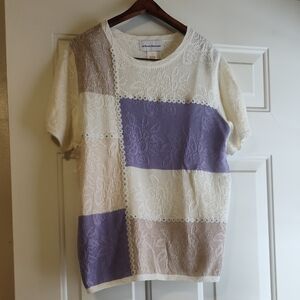 Anthropologie Cream and Purple Patchwork Lace Top